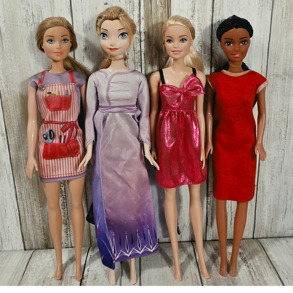 Mattel Barbie & Disney Frozen Elsa Doll Lot of 4 Pink Purple Red Dresses